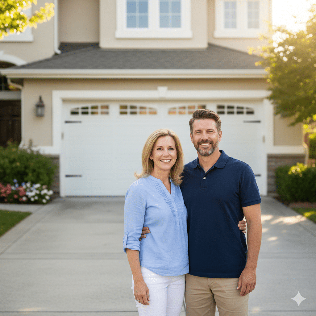 A smiling couple standing in front of their newly installed white garage door and modern home.