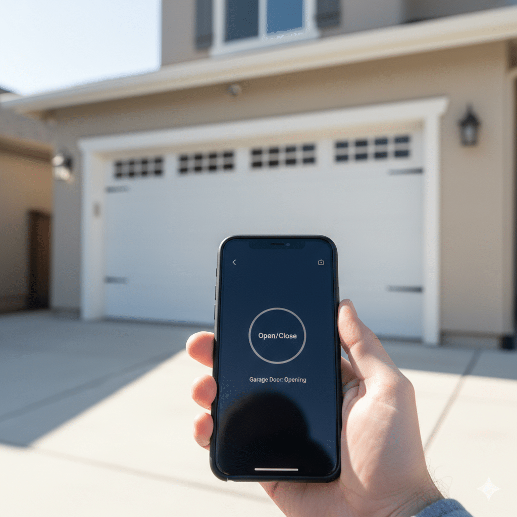 A person holding a smartphone showing a smart garage control app in front of a recently serviced white garage door.